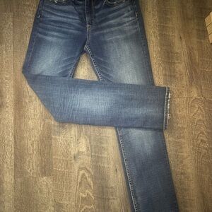 BKE Women's Blue Straight Slim Fit Mid Rise Jeans